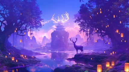 Enchanting Purple Fantasy Landscape with Deer and Lanterns