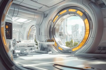 Obraz premium Futuristic hospital interior with advanced technology and sterile environment