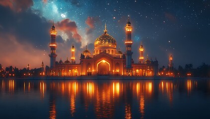 Fototapeta premium Illuminated Mosque at Night Reflected in Serene Water