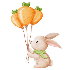 Watercolor Cute baby bunny and Carrot Balloon.