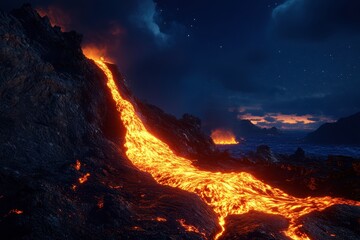Lava flows down a volcanic mountain under a starry sky at dusk near the ocean
