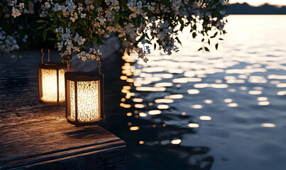 Serene Evening Scene with Lanterns and Water Reflections at Sunset