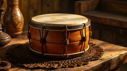 Obraz premium Traditional Assamese Drum Made of Wood and Leather on Rustic Wooden Surface with Intricate Carvings - Rongali Bihu