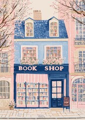 Whimsical Autumn Festival Bookstore Scene with Colorful Front Entrance and Folk Art Inspired Illustrations