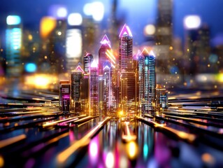 Fototapeta premium A vibrant, futuristic cityscape illuminated with colorful lights, showcasing tall buildings and a dynamic urban atmosphere.