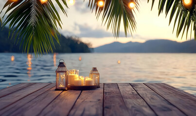 Romantic Lakeside Scene with Lanterns and Floating Candles at Dusk