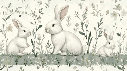 Fototapeta premium Adorable watercolor illustration of white rabbits in floral meadow, Cute rabbit illustrated design, Adorable bunnies watercolor style For Bunny Lover and Easter