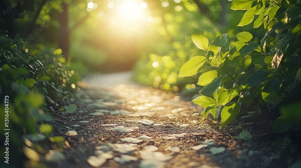 Poster a peaceful trail meanders through vibrant green foliage, bathed in gentle sunlight, creating a seren