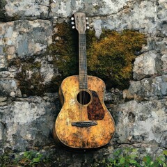 Naklejka premium An old acoustic guitar is leaning against a stone wall
