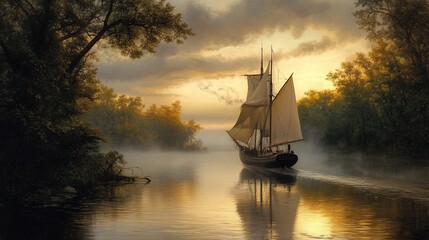 A vintage sailing ship navigates a misty river at sunrise with reflections and trees