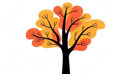 A stylized tree with vibrant orange and yellow leaves against a white background, emphasizing autumn colors and artistic design.