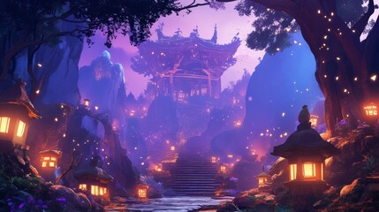 Enchanting Asian Temple Village at Dusk - Fantasy Landscape