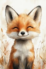 Fototapeta premium Whimsical Watercolor Illustration of a Cute Baby Fox in a Playful Nursery Theme