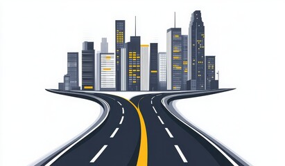Fototapeta premium Winding road with city skyline on a white background, detailed and realistic design