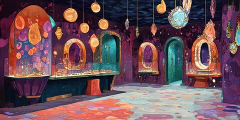 An alluring fantastical interior space with decorative jewel displays