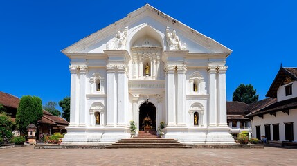 Obraz premium White Colonial Church Facade Under a Bright Blue Sky
