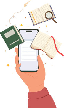 Hand holding smartphone with electronic ebook and ebook reader concept vector illustration.