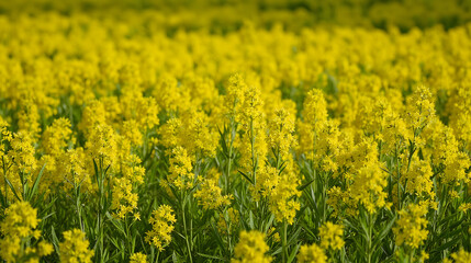 Fototapeta premium Vast Green Fields with Bright Yellow Mustard Flowers Blooming in Spring and Harvest Season - Rongali Bihu