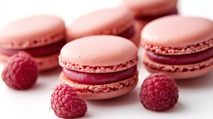 Obraz premium A delicate array of raspberry macarons, their vibrant pink hues kissed by the sunlight, stands isolated against a pristine white backdrop, showcasing the artistry and elegance of this French pastry.