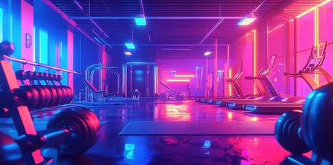 A brightly lit gym features exercise equipment and colorful lighting