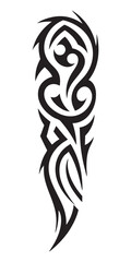 Intricate Tribal Tattoo Design with Flowing Swirls and Sharp Edges in Black Ink Style.