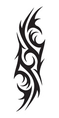 Intricate Tribal Tattoo Design with Flowing Swirls and Sharp Edges in Black Ink Style.