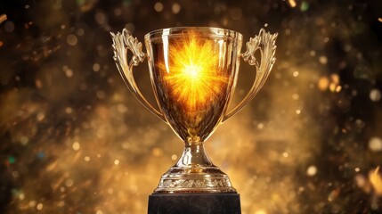 Golden Trophy Cup with Light Burst and Confetti 