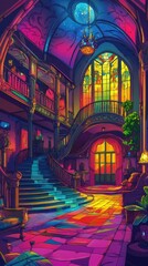 Obraz premium A Vivid Colorful Interior with Dramatic Staircase and Stained Glass
