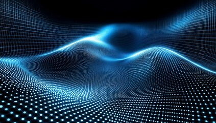 Abstract digital landscape; glowing network waves in dark background