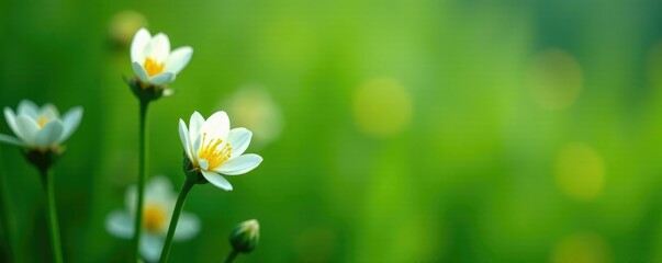 Green stem with yellow and white flower blooms, flowers, green