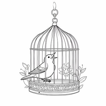 recommend clip art: Canary singing inside a cage, line art illustration