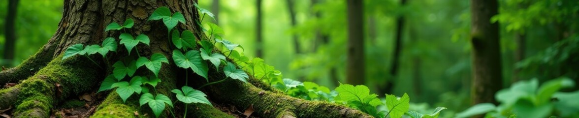 Green vines sprawl over moss-covered tree trunk, vegetation, nature, forest
