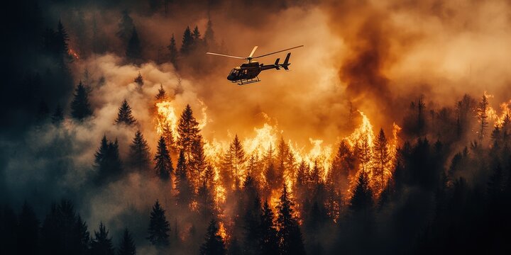 Fiery blaze engulfs forest as a vigilant helicopter patrols overhead; smoke billows toward the sky in this dramatic medium-close-up scene - Powered by Adobe