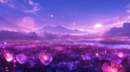 Gardinen Ethereal Purple Landscape Dreamlike Field of Flowers Under a Glowing Moon and Futuristic Sphere © MaiPineapple