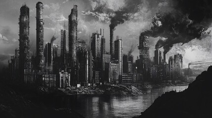 Monochrome industrial landscape with smokestacks emitting dark plumes into the sky