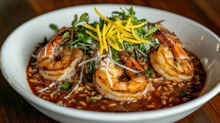Risotto with Shrimp and Fresh Herbs in White Bowl