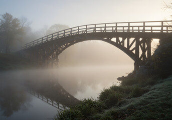 Obraz premium A rustic wooden bridge over a serene, fog-covered river.