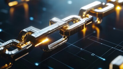 Obraz premium Golden Chain Links on Dark Background with Futuristic Elements