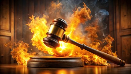 Gavel Over Flames Representing Justice and Legal Authority in Action