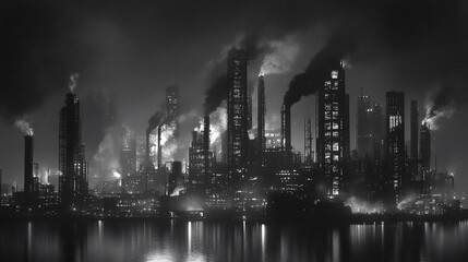 A monochrome industrial cityscape with towering smokestacks and reflective waters under a foggy sky