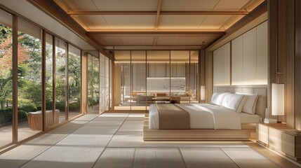 Modern Japanese bedroom with garden view, tranquil interior design