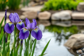 Purple iris blooms near pond with rock garden, landscaping background for blog header