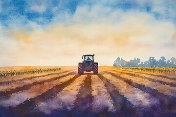 Obraz premium Silhouette of a tractor working through golden fields during a colorful sunset