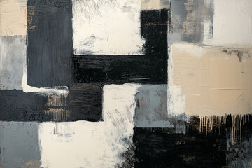 Black, White, Gray and Beige Abstract Modern Art Acrylic Canvas Painting. Brush Strokes Texture