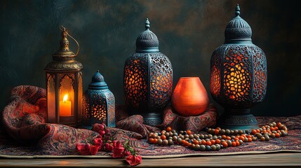 olorful Glowing Lanterns with Beads on a Wooden Table