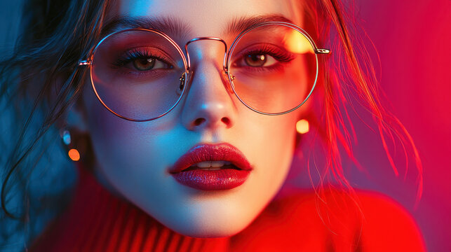 Trendy girl with glasses poses in urban setting during colorful stylish shoot