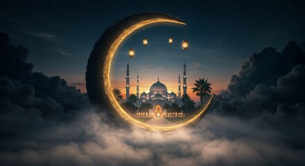 Majestic Mosque Within a Crescent Moon in a Dreamy Night Sky