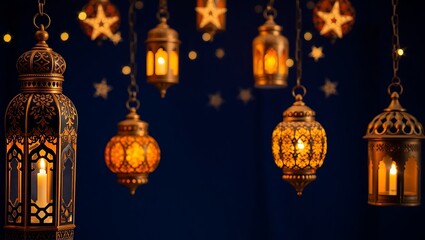 Obraz premium Golden Ramadan Lanterns Illuminate A Night Sky, Casting A Warm, Enchanting Glow Against A Deep Blue Backdrop