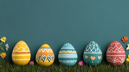 Vibrant Hand-Painted Easter Eggs on Green Grass Against a Teal Background AI Generated