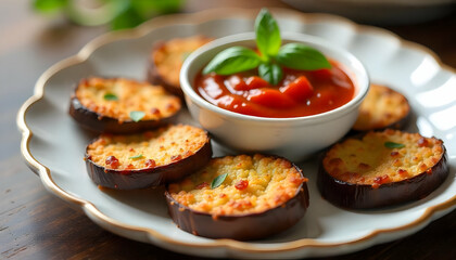 Baked Eggplant Slices with Marinara and Basil.
